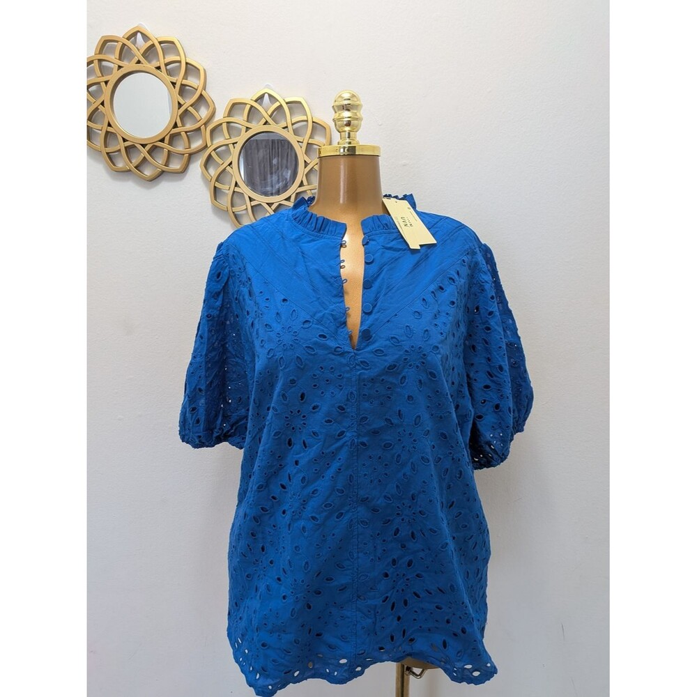 UVN Bright Blue Eyelet Cotton Puff Sleeve Top Split V-Neck Embroidery Blouse XXL
